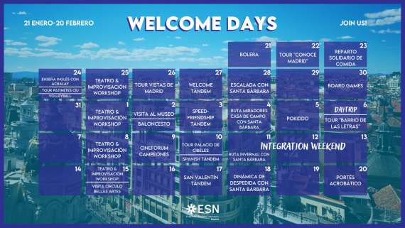 Llegan los 'Welcome Days' que organiza ESN UCM para los estudiantes Erasmus. Del 21 de enero al 20 de febrero.